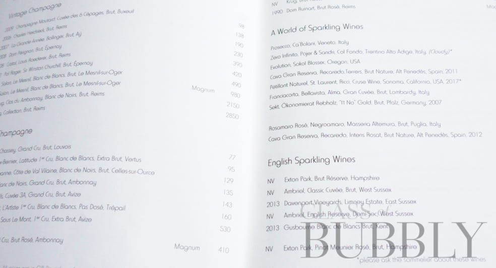 Champagne and Sparkling Wine Menu - (Oblix Restaurant at the Shard London)